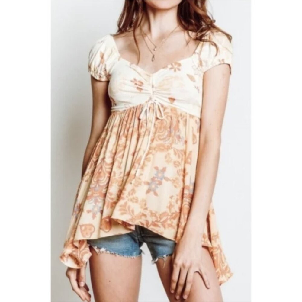 FREE PEOPLE La Bamba Babydoll Top in Tea Combo Floral Boho Handkerchief Y2K XS - Picture 1 of 15